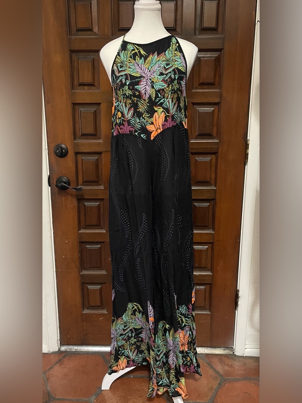 Intimately Free People Sleeveless Black Lace-Back Floral-Trim Wide Leg Jumpsuit - Picture 9 of 14